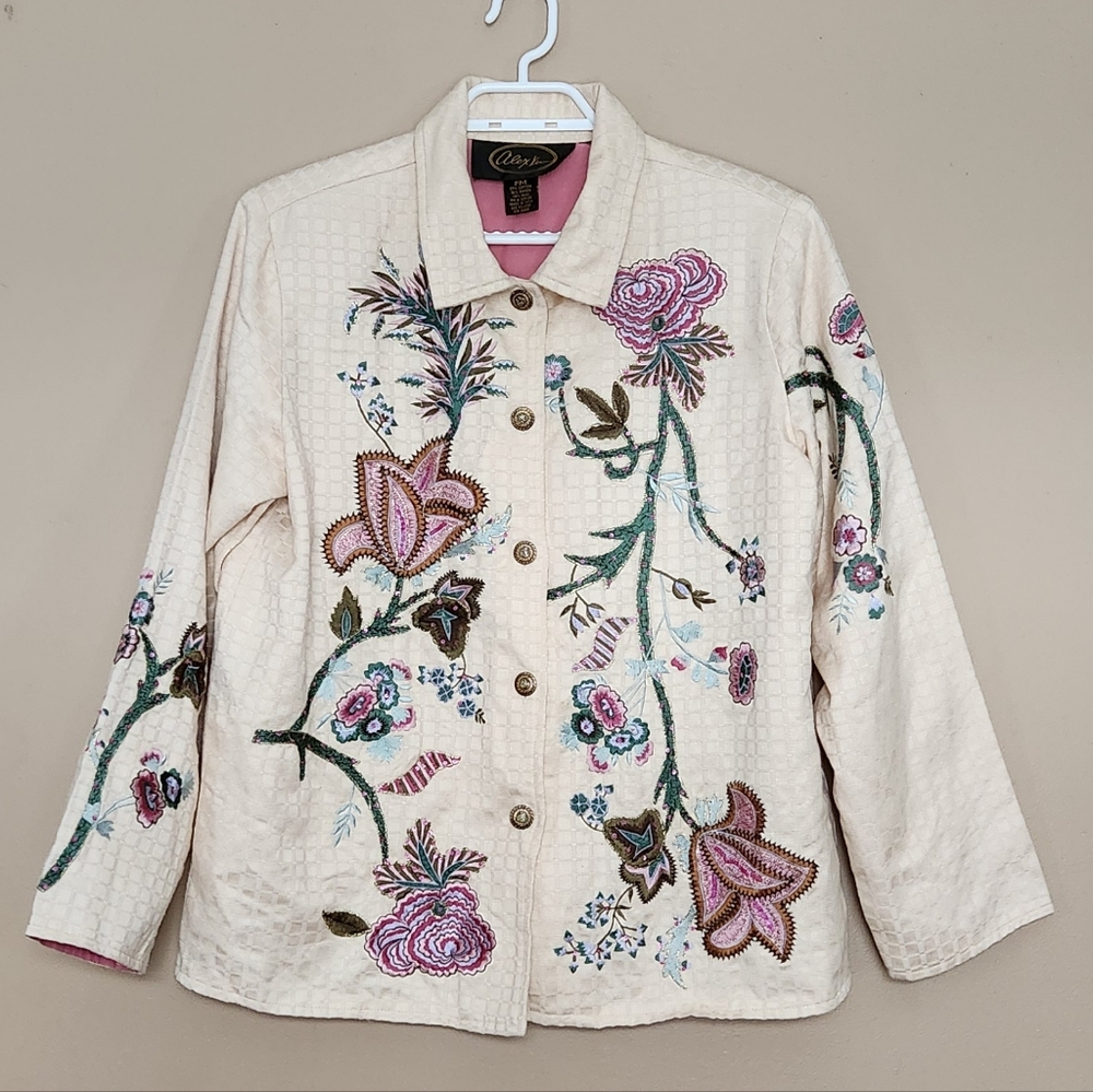 Alex Kim Embroidered, Appliquéd, Tapestry Floral Jacket  Size M Beige